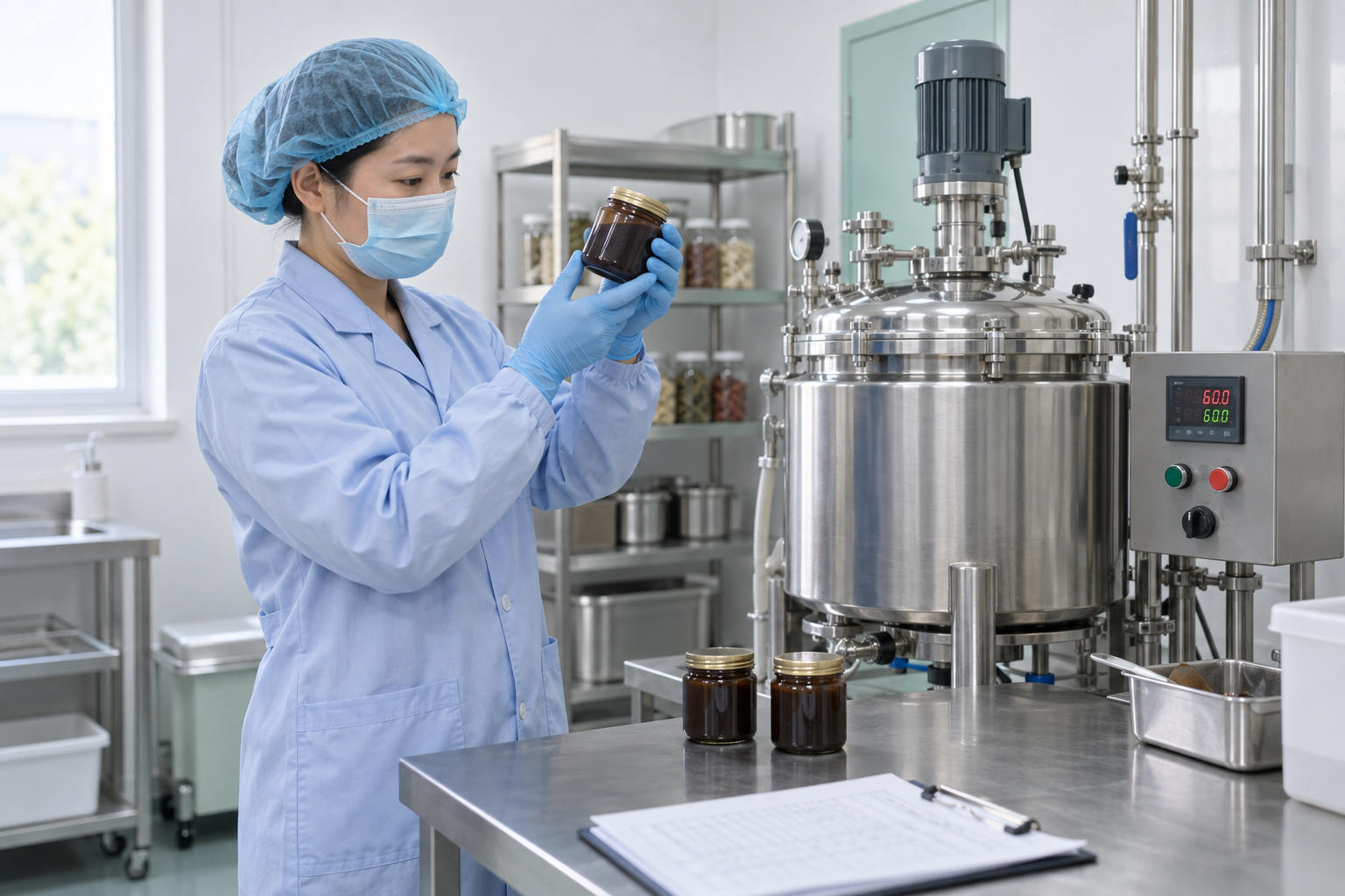 膏方配制场景：工作人员在不锈钢加工容器旁检查浓缩膏体和分装容器