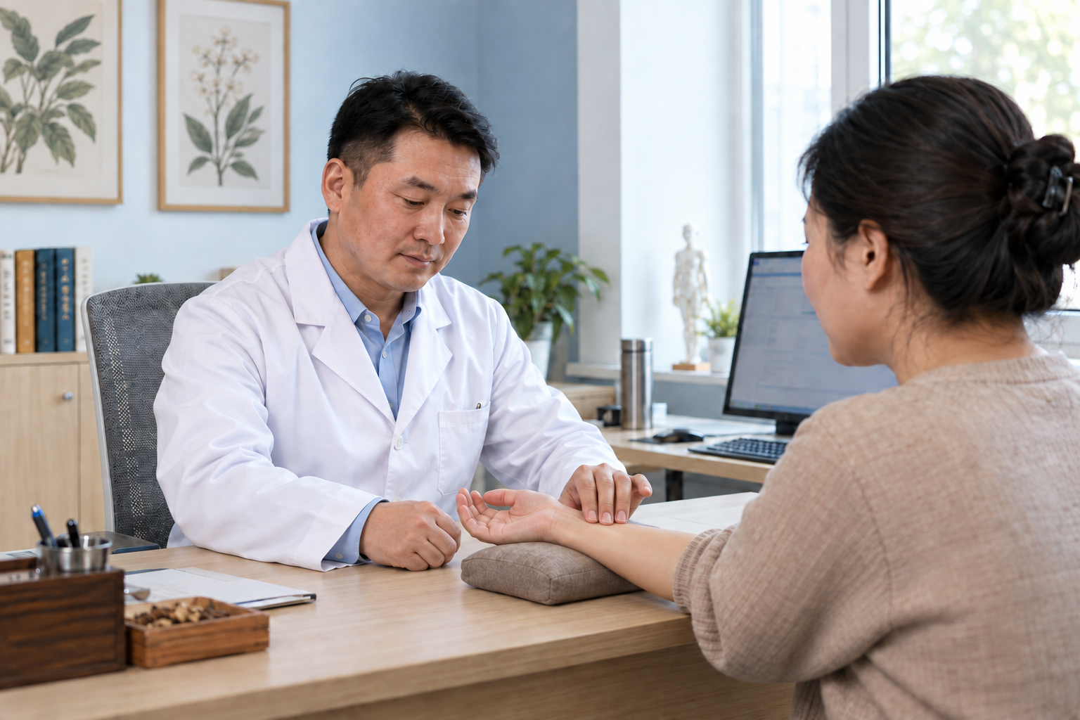 医生在诊室为手腕有脉枕支撑的患者进行脉诊